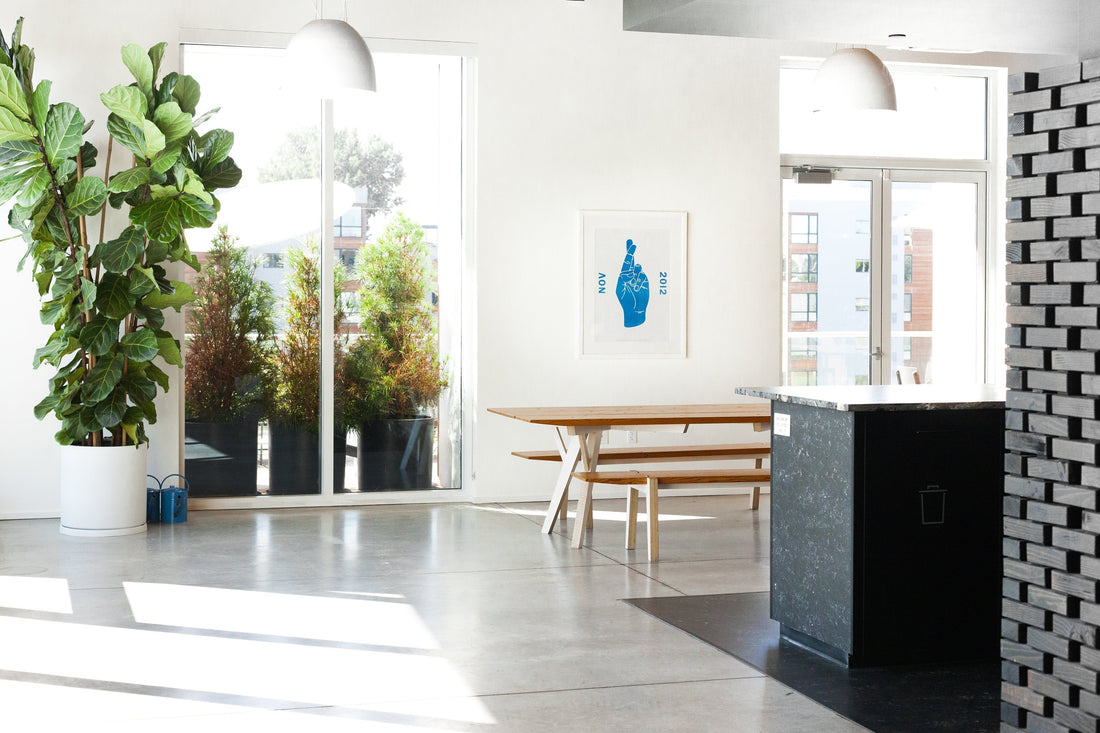 Sunlit dining space with picnic-style table and bench, fiddle-leaf fig by tall windows, framed print reading NOV 2012