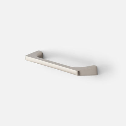 Angled close-up of Truss Pull showcasing satin nickel finish and truss-inspired angular profile on white background