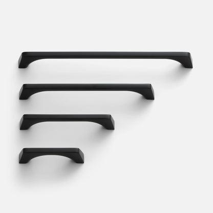 Front view of four black Truss Pulls showcasing graduated sizes against a white background