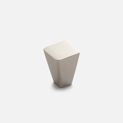 Front three-quarter view of Truss Knob showcasing its tapered square shape and satin nickel finish with a light gray background