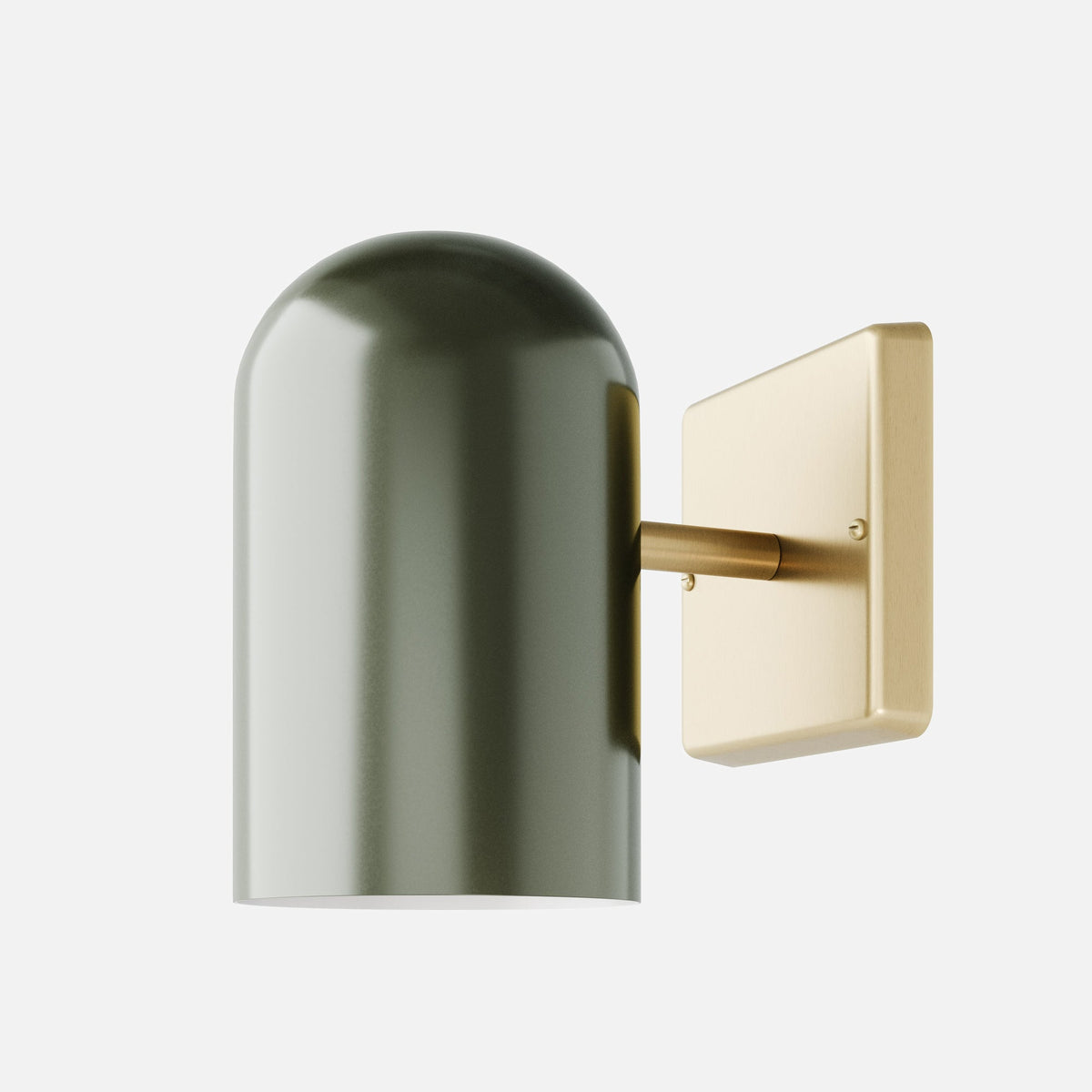 Angled view of Allegheny Wall Sconce showcasing a dark green rounded shade and brass-tone wall plate on a white background