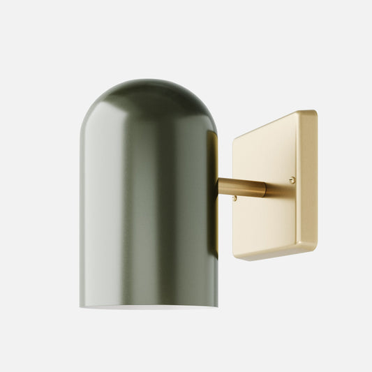 Angled view of Allegheny Wall Sconce showcasing a dark green rounded shade and brass-tone wall plate on a white background