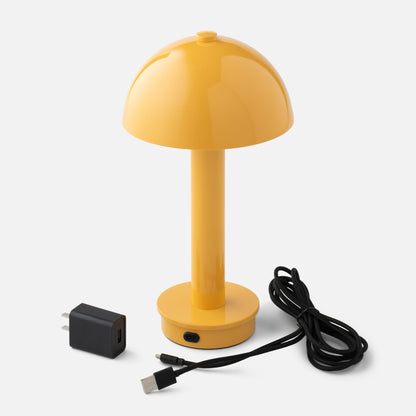 Front view of Sidnie Portable Lamp showcasing its mushroom shape with charging cable and adapter on white background