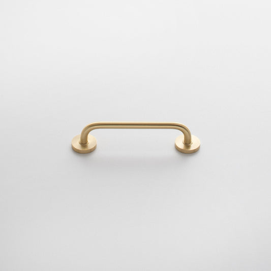 Front view of Parker Pull showcasing an arched bar and round mounting plates with a white background