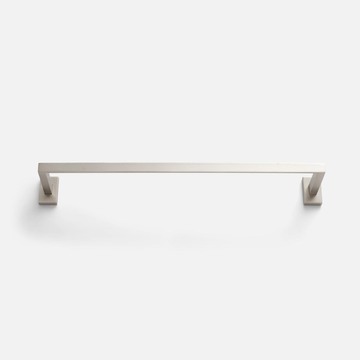 Front view of Edgecliff Towel Rod showcasing its satin nickel finish and angular supports on a white background