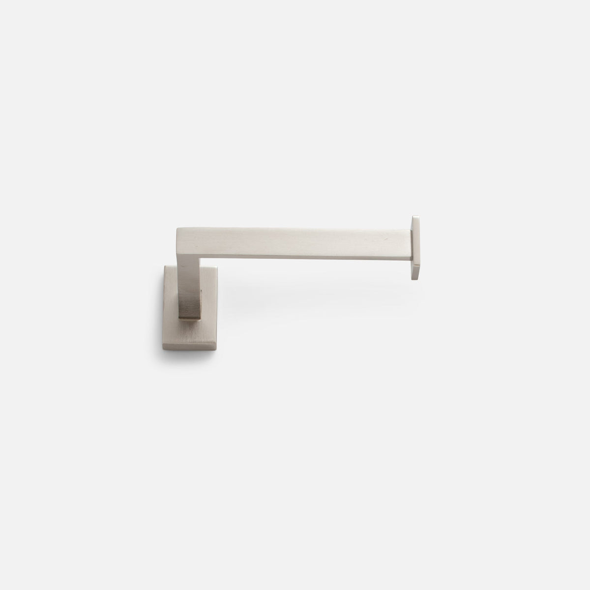 Front view of Edgecliff Tissue Holder showcasing its satin nickel finish and solid-brass construction with a light gray background