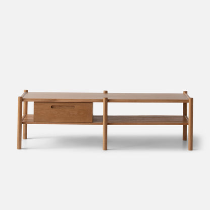 Front view of Nora Storage Bench showcasing oak frame, lower shelf, and removable wooden box on a white background