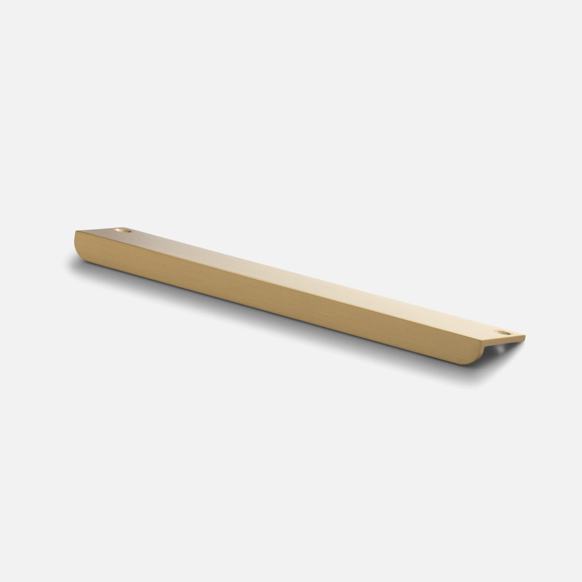 Angled view of Linn Pull showcasing rounded corners and solid brass construction on a white background
