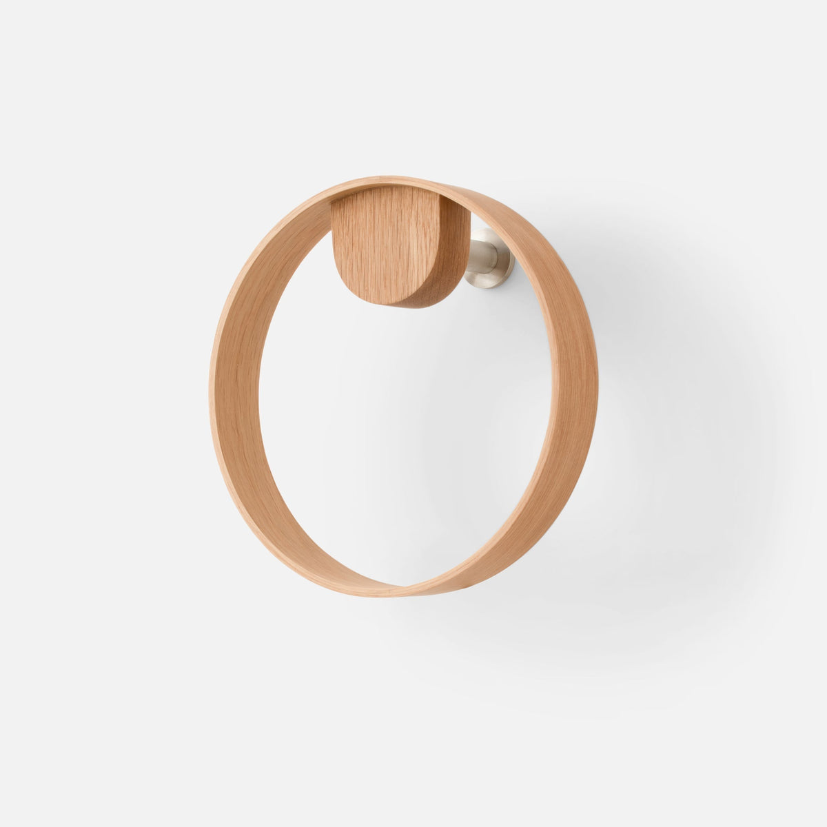 Front view of Oak Towel Ring showcasing a round oak ring and stainless steel mount against a white background