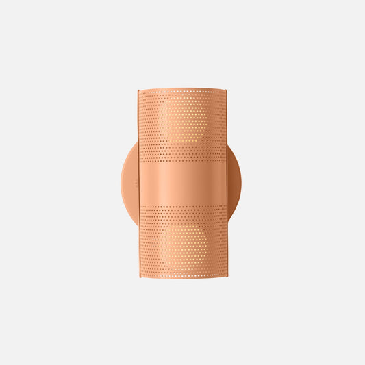 Front view of Harlow Wall Sconce showcasing perforated steel and Bellini Satin finish with a light gray background