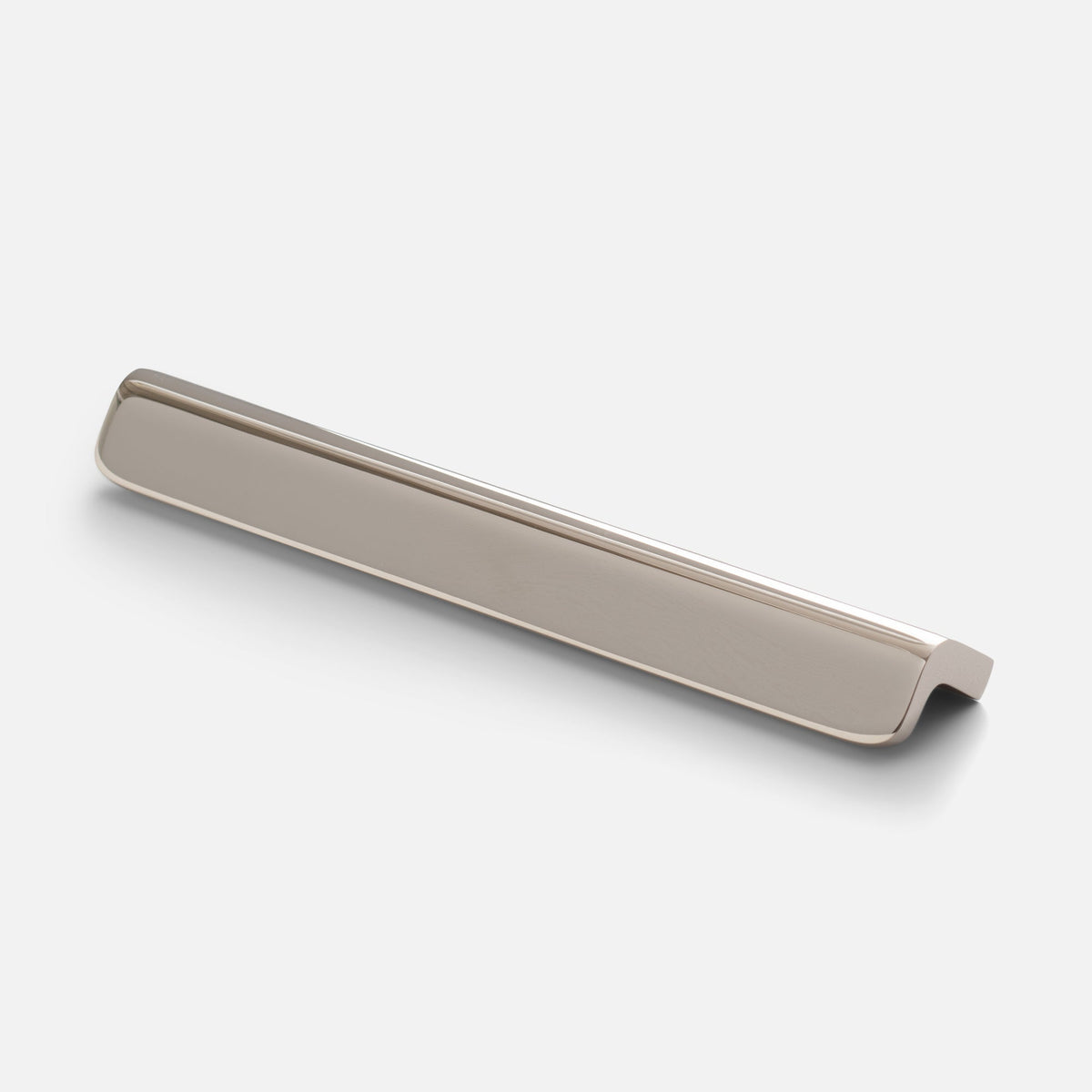 Angled view of the Moore Pull showcasing its elongated rounded-edge bar in polished nickel finish against a white background