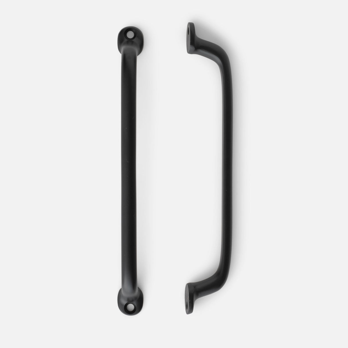 Front and side views of Belmont Pull showcasing its curved true black finish against a light gray background