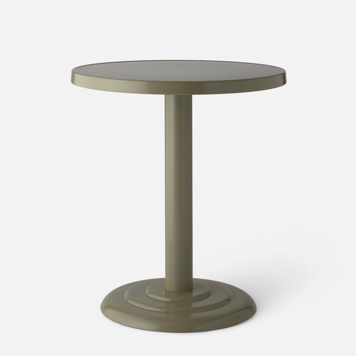 Front view of Owen Bistro Table showcasing its round pedestal and powder-coated steel construction against a white background