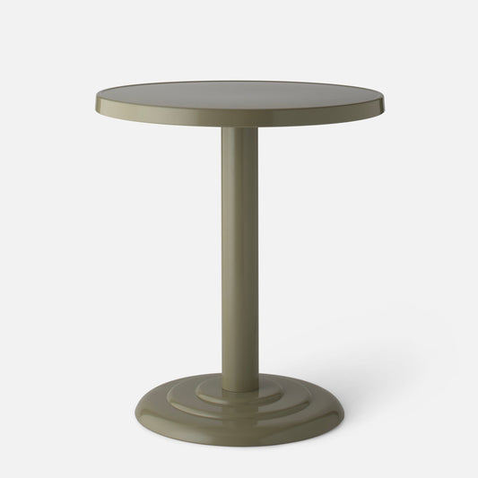 Front view of Owen Bistro Table showcasing its round pedestal and powder-coated steel construction against a white background