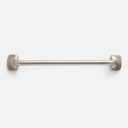 Front view of Hazel Pull showcasing its satin nickel finish and streamlined bar design with a light gray background