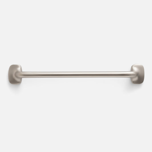 Front view of Hazel Pull showcasing its satin nickel finish and streamlined bar design with a light gray background