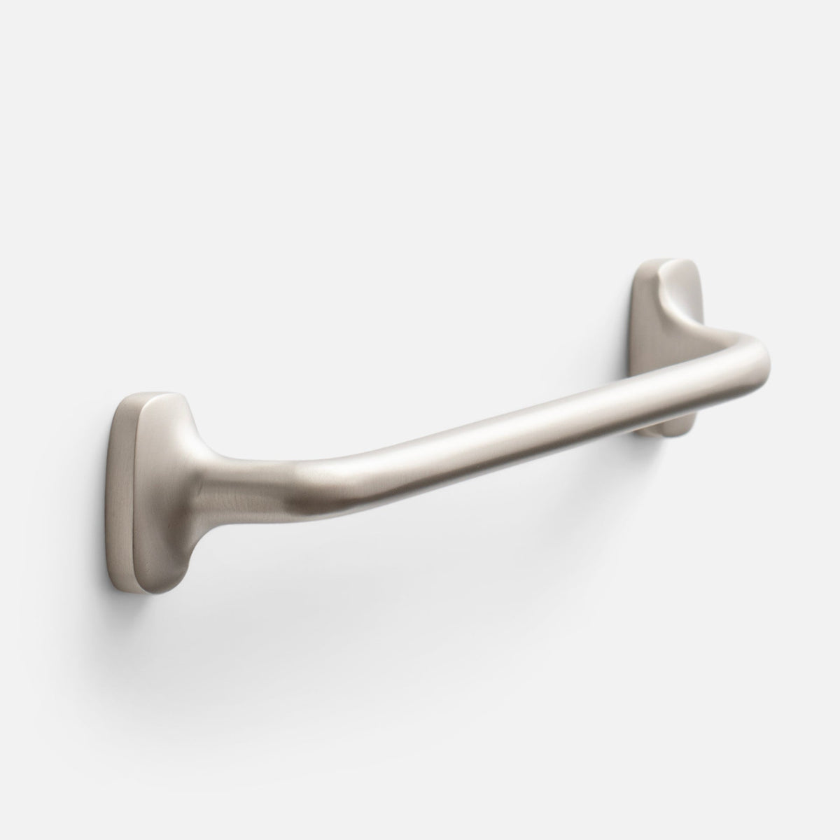 Angled view of the satin nickel Hazel Pull showcasing its streamlined bar and rounded mounts on a white background