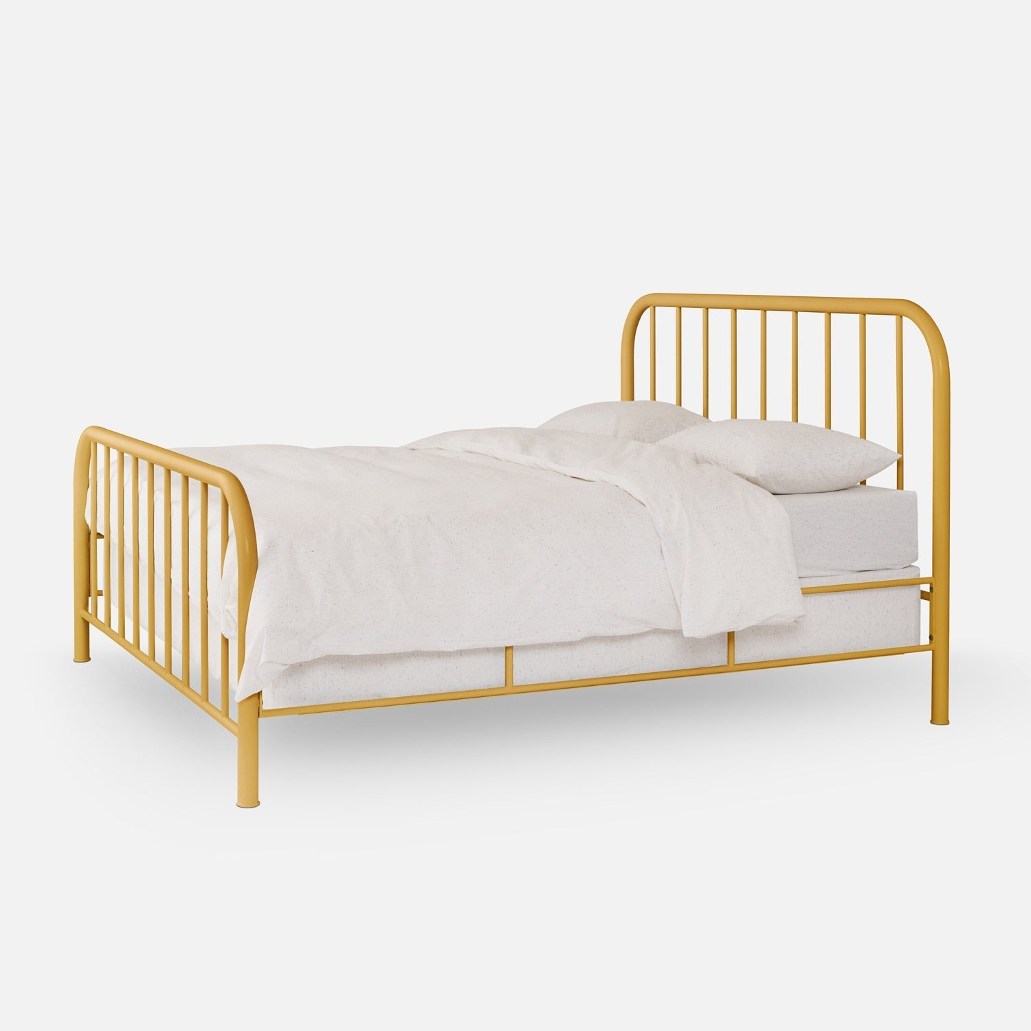 Three quarter view of Hamilton Bed with mustard yellow metal frame, rounded headboard and spindles on white background