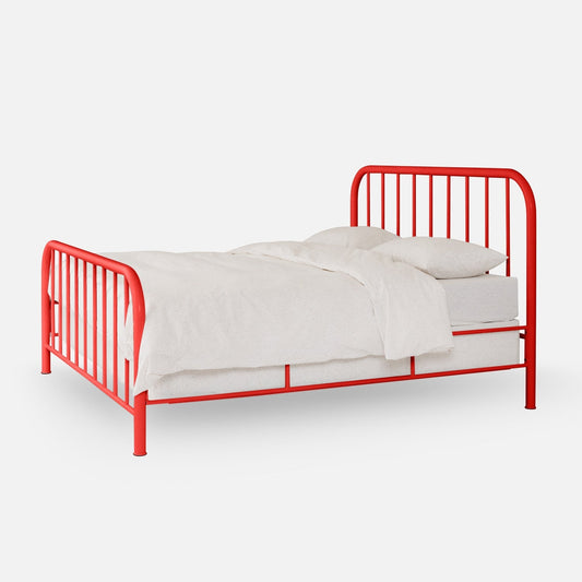 Three-quarter view of the Hamilton Bed showcasing its Persimmon-Satin steel frame with vertical bars on a light gray background