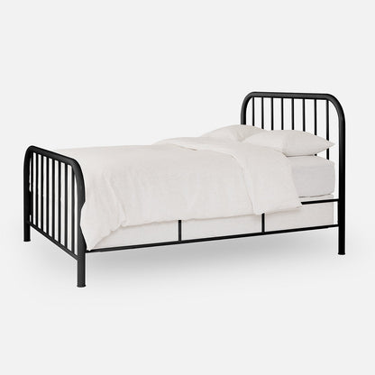 Three-quarter view of Hamilton bed with black metal frame, rounded headboard, and vertical spindles on white background