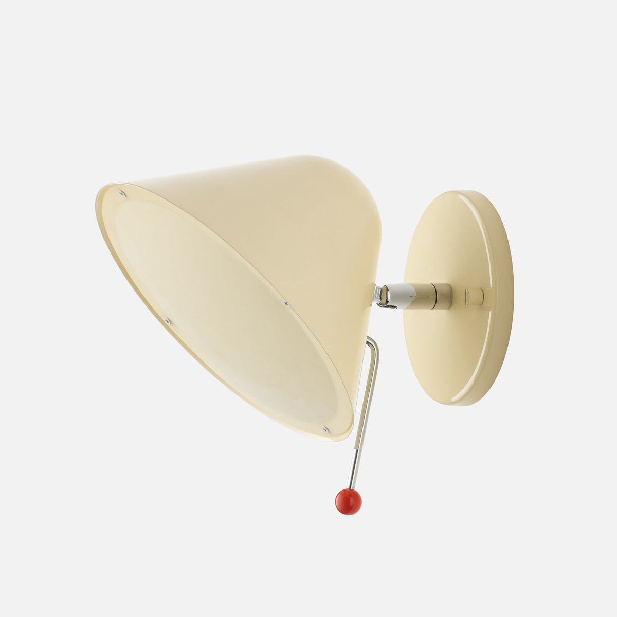 Close-up angled view of Clare V Hans Wall Sconce showcasing ecru gloss shade and red ball knob with white background