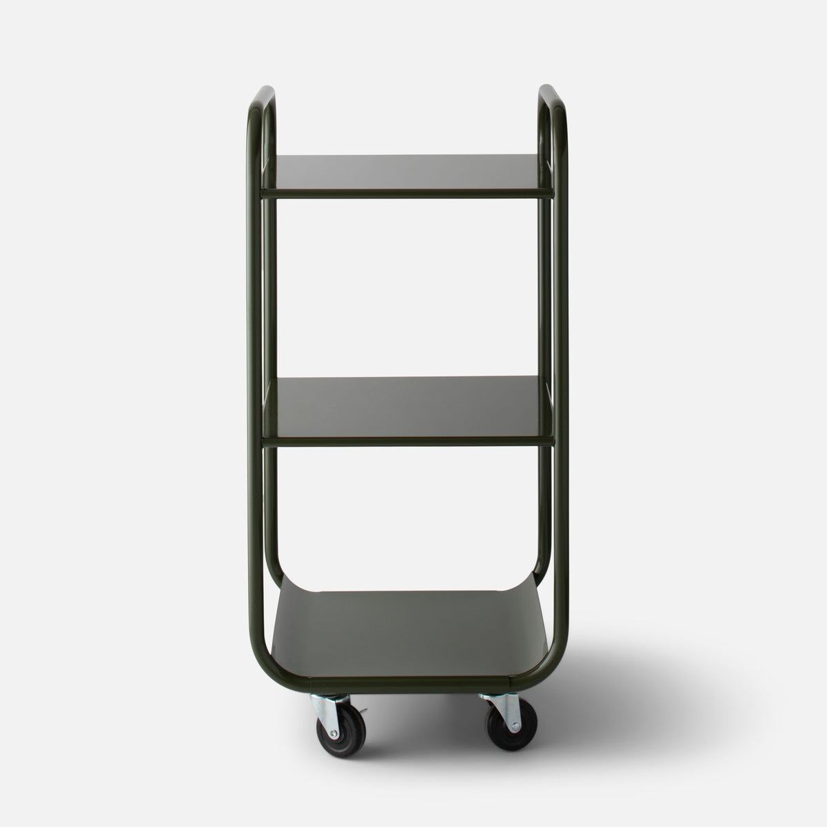 Front view of Miller Storage Cart showcasing three metal shelves, rounded tubular handles, and swivel casters on a white background