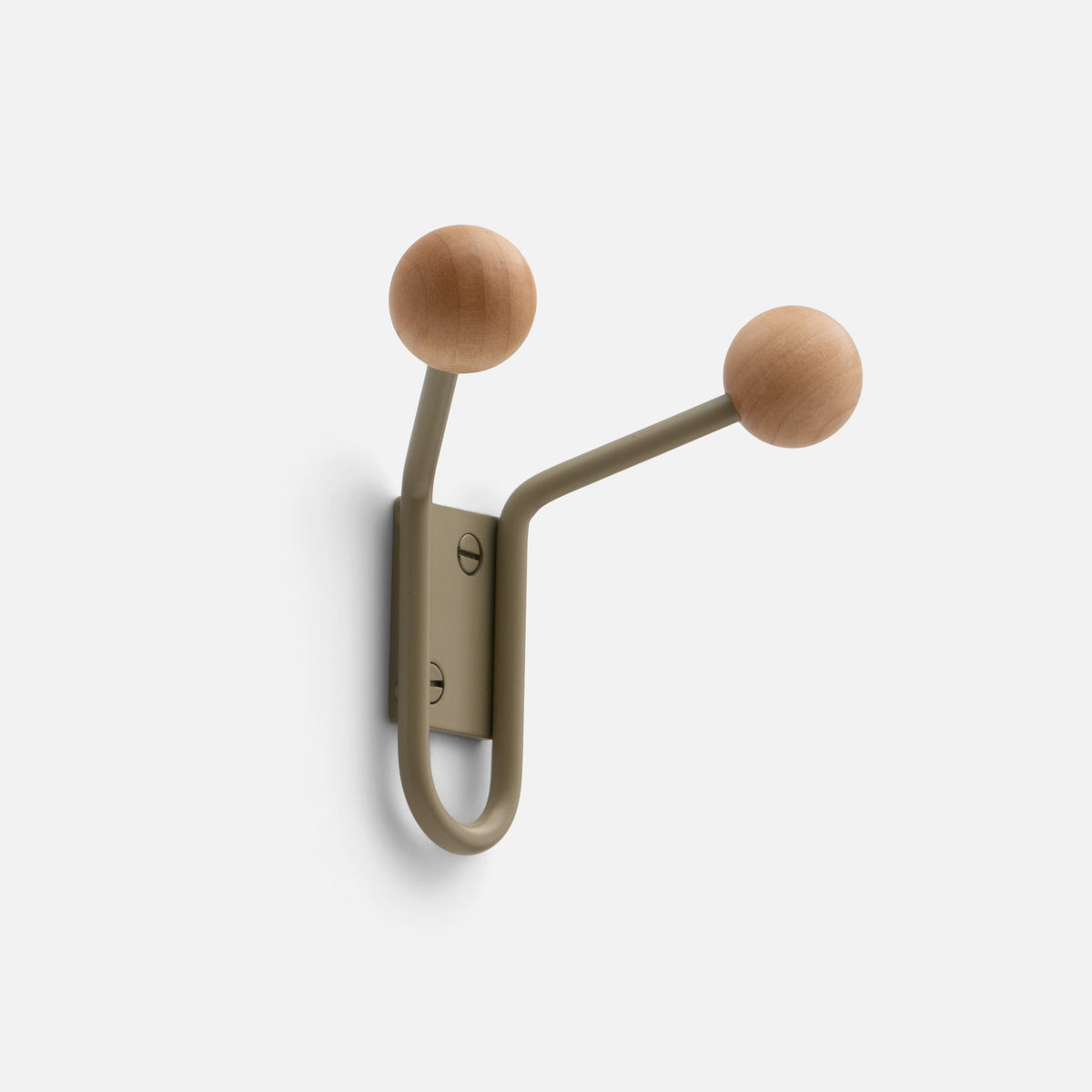 Front angled view of Mollie Hook showcasing two oak knobs and lichen satin steel against a white background