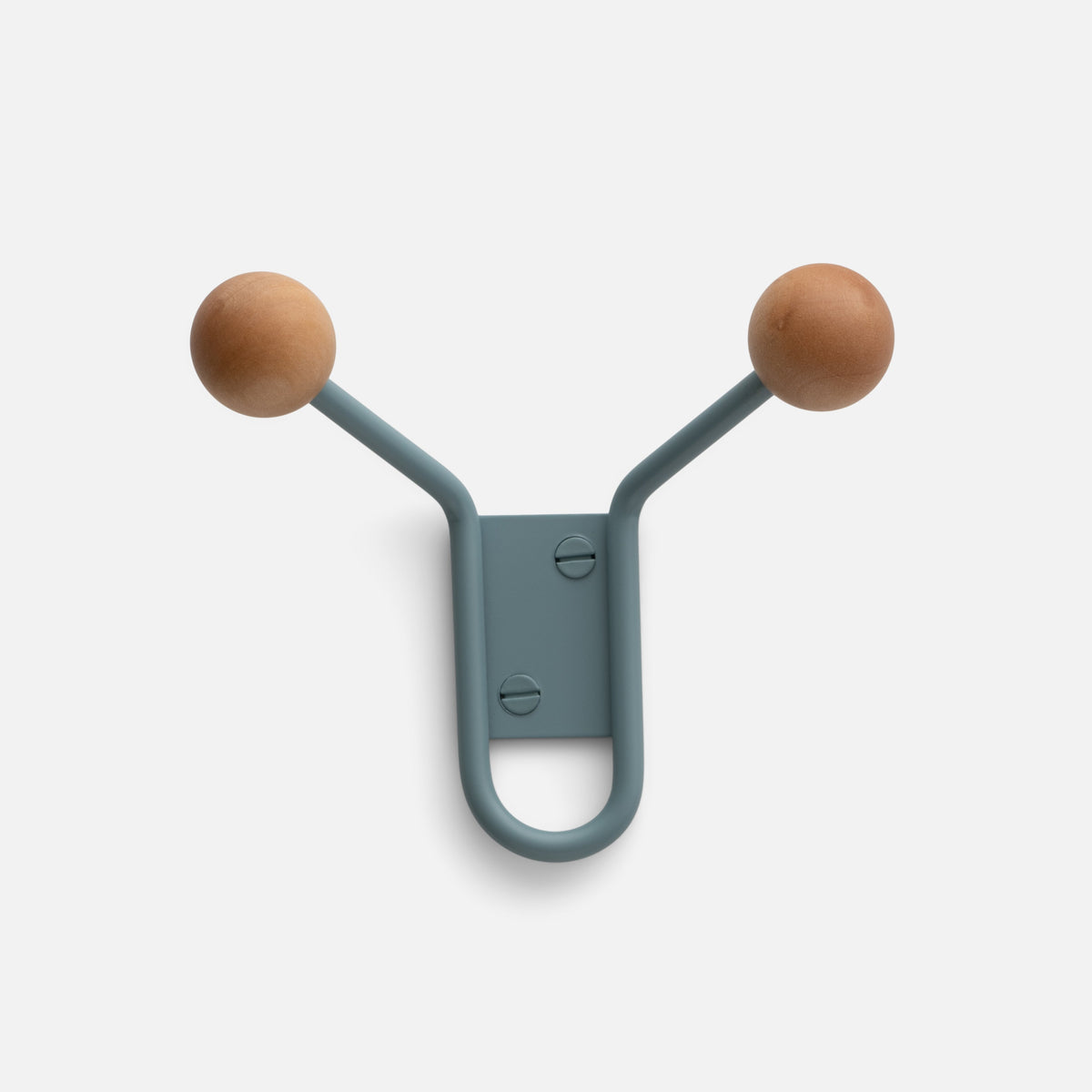 Front view of Mollie Hook showcasing lichen satin steel, oak ends, and double hook design against a light gray background