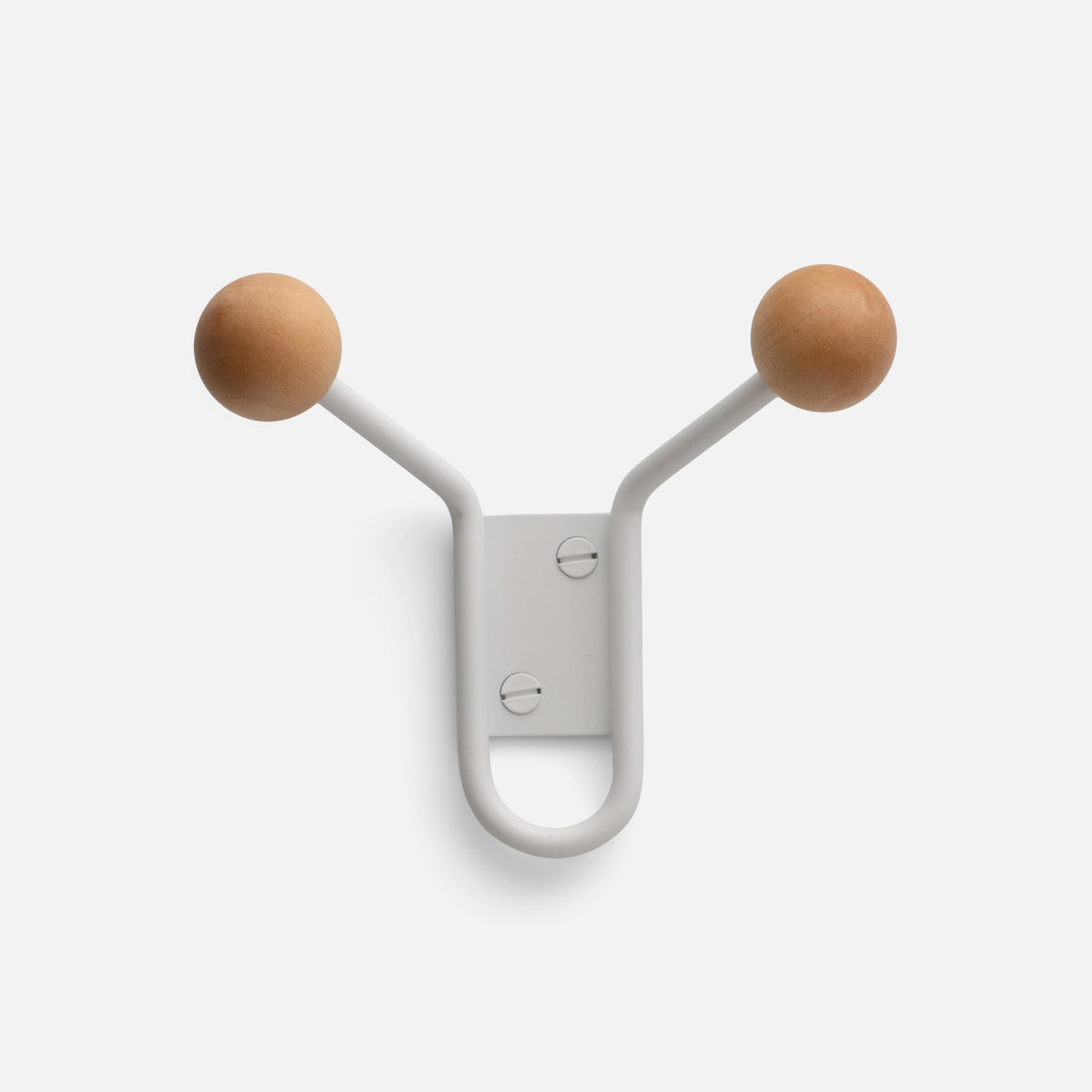 Front view of Mollie Hook showcasing its steel body and two oak knobs on a white background