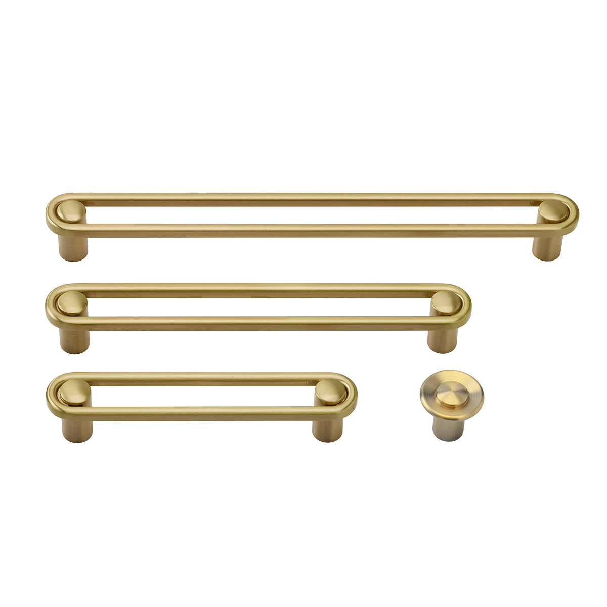 Front view of Landon Knob hardware set showcasing three bar pulls and one round knob on a transparent background