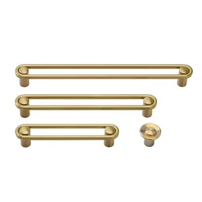 Front view of Landon Knob hardware set showcasing three bar pulls and one round knob on a transparent background