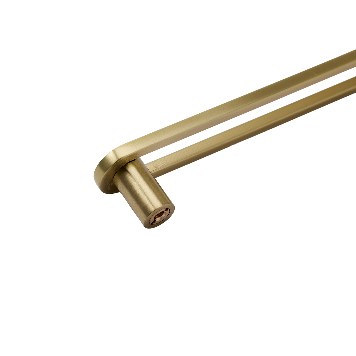 Angled view of Landon Knob showcasing its elongated double bar and cylindrical mount against a black background