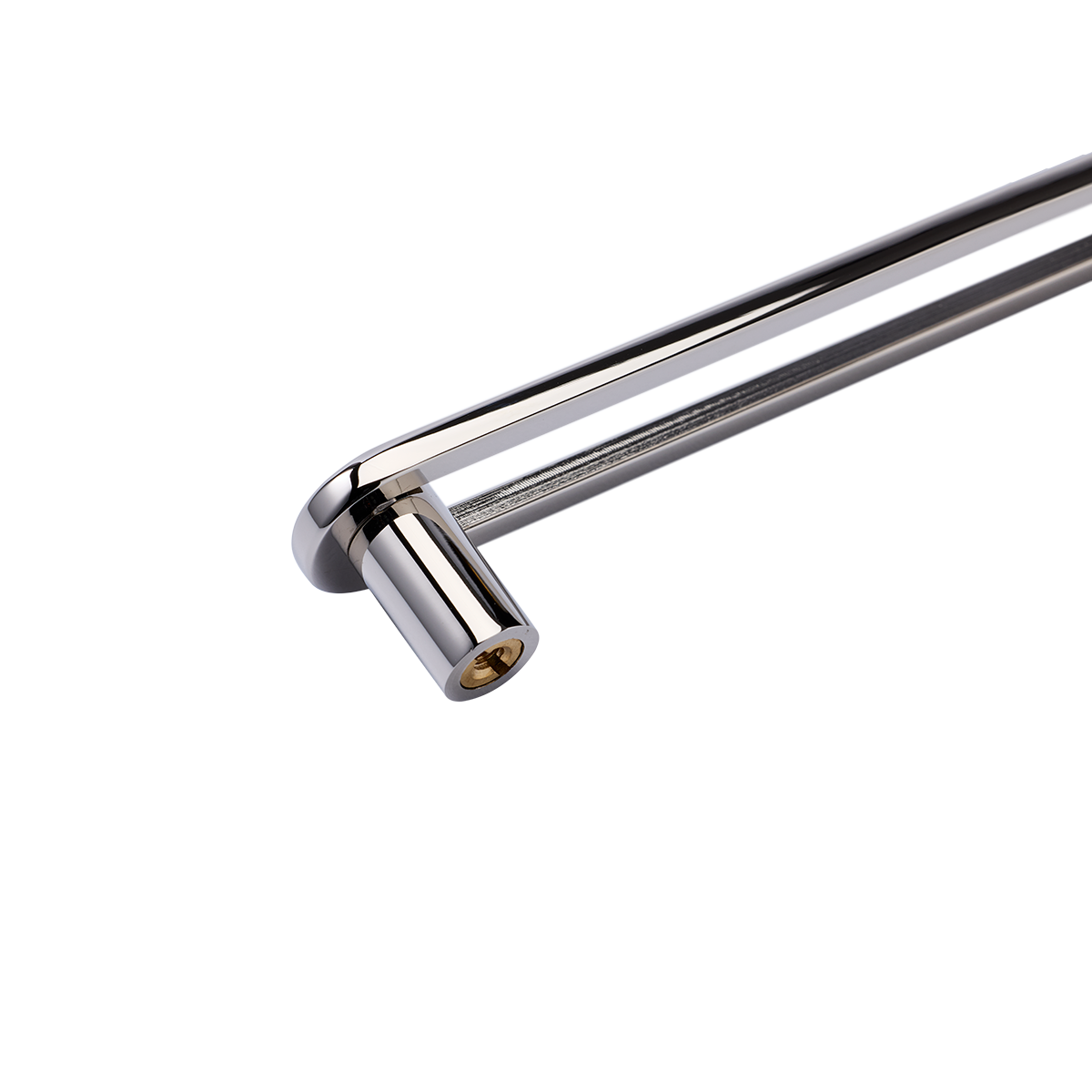 Angled close-up of Landon Pull showcasing its cylindrical bar and mounting hardware on a white background