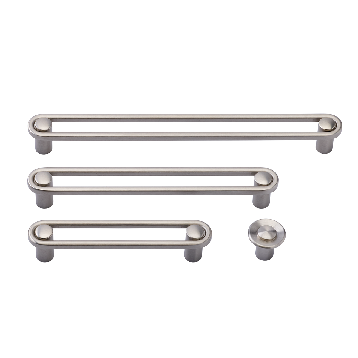 Front view of Landon Pull hardware showcasing three bar pulls and one round knob with a white background