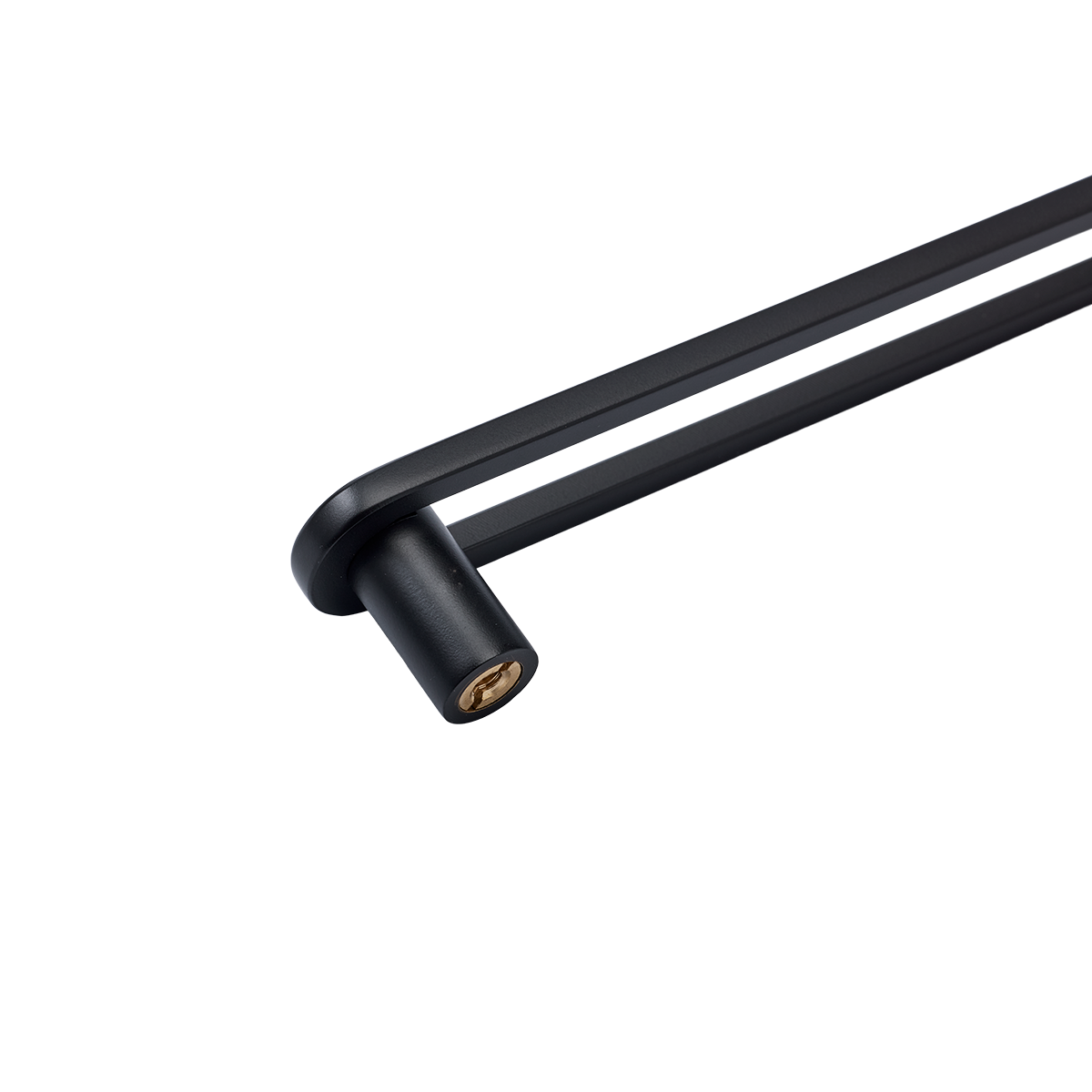 Close-up of Landon Pull showcasing its black elongated bar and cylindrical end on a white background