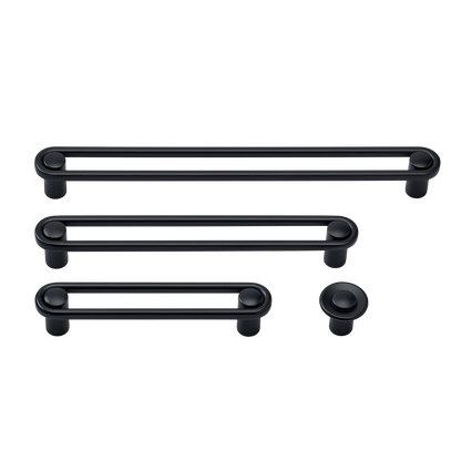 Front view of Landon Knob hardware showcasing bar pulls and a round knob on a white background
