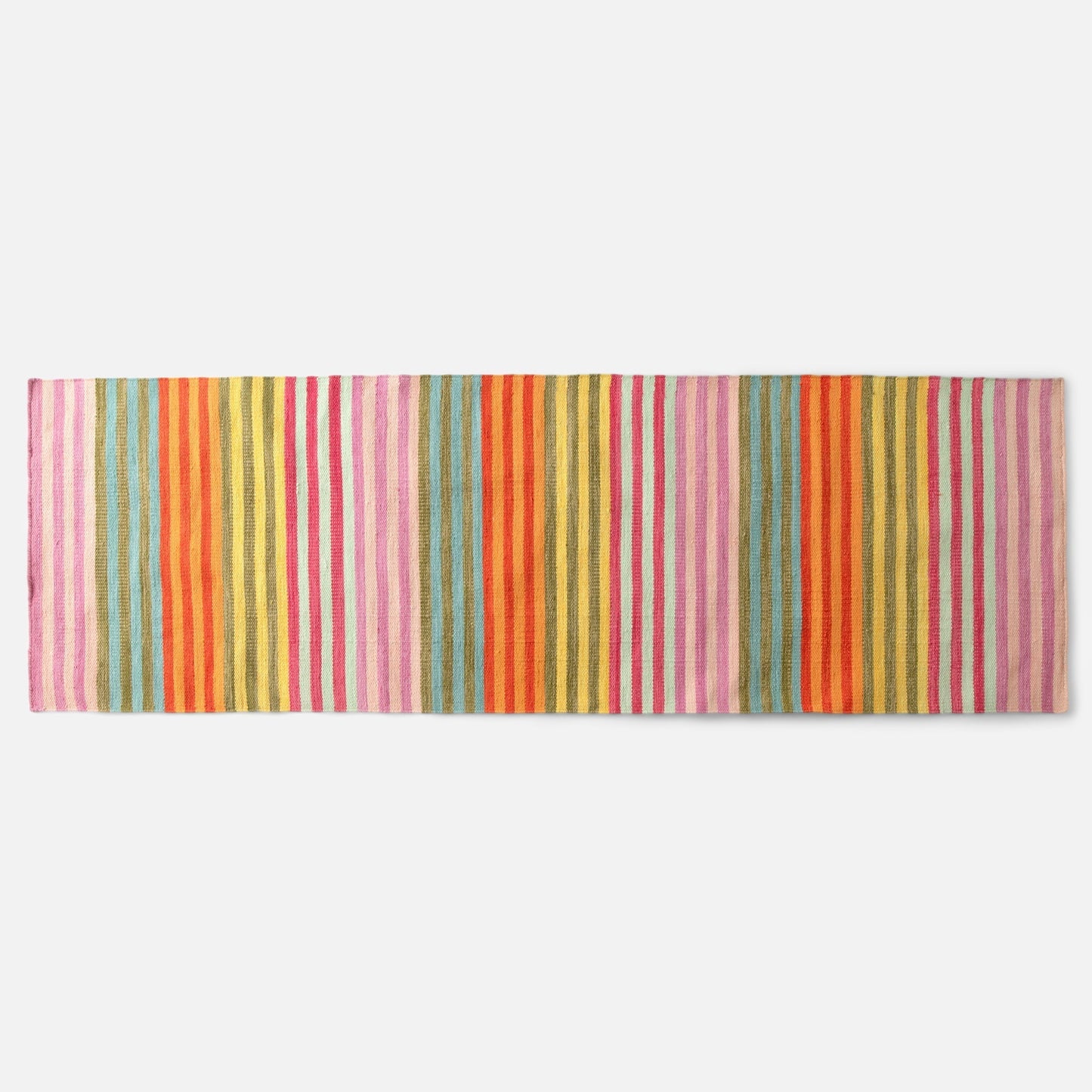 Overhead view of Lisse Performance flatweave runner rug showcasing bold multicolor vertical stripes on white background