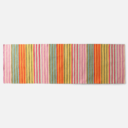 Overhead view of Lisse Performance flatweave runner rug showcasing bold multicolor vertical stripes on white background