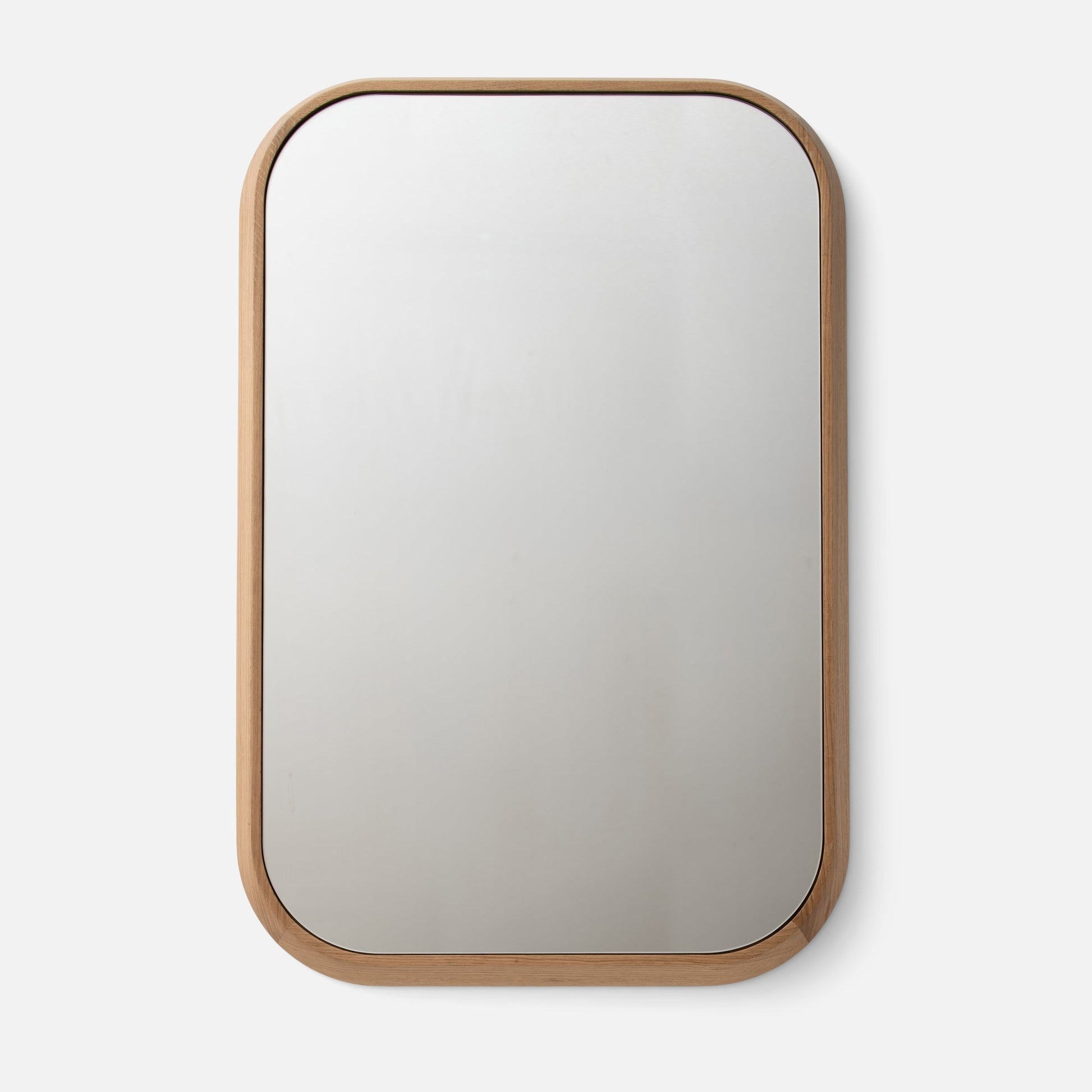 Close-up front view of Oak Chamfered Mirror showcasing oak chamfered frame and rounded corners on a white background