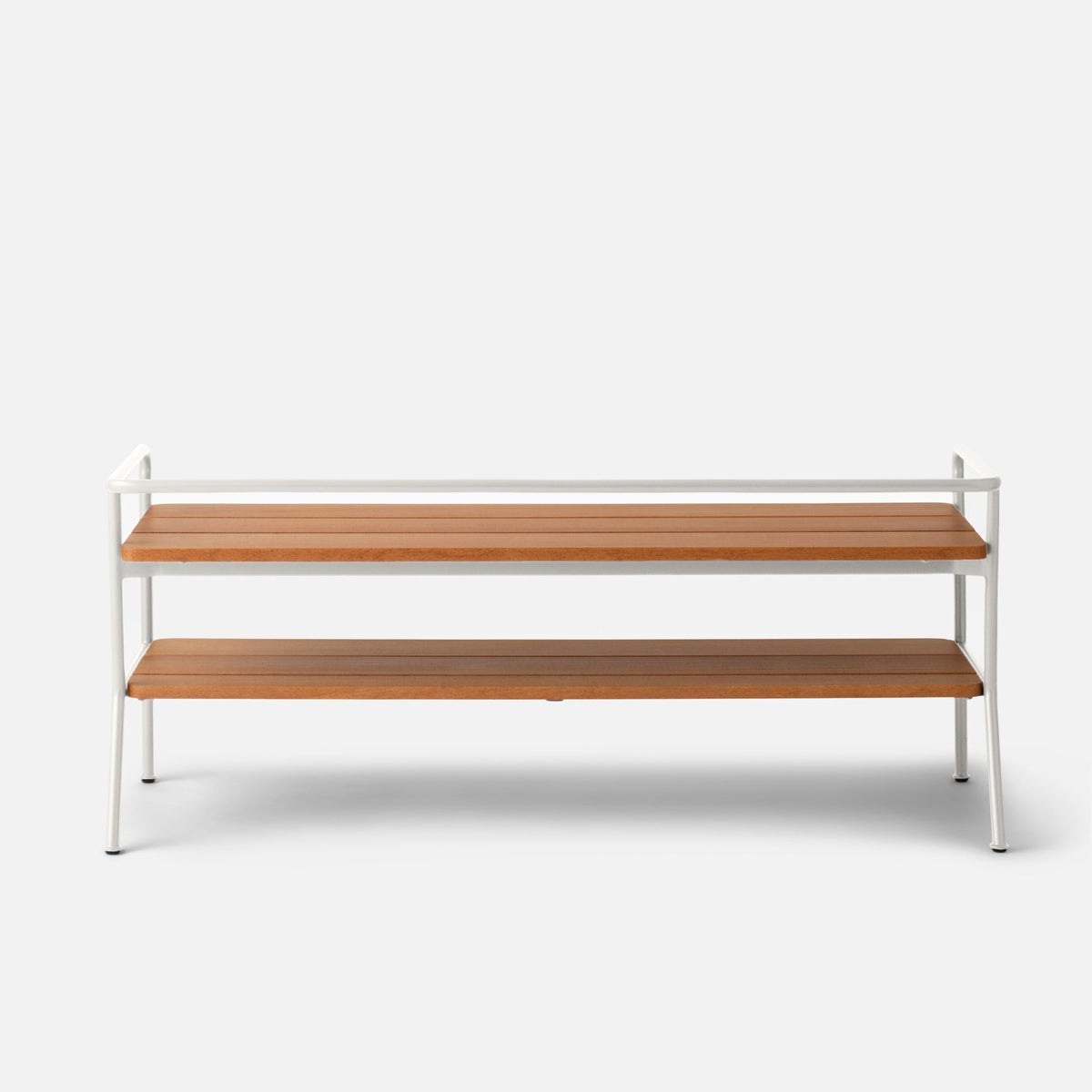 Front view of Ronda Entryway Bench showcasing a Shell White Satin steel frame and teak slatted tiers on a white background