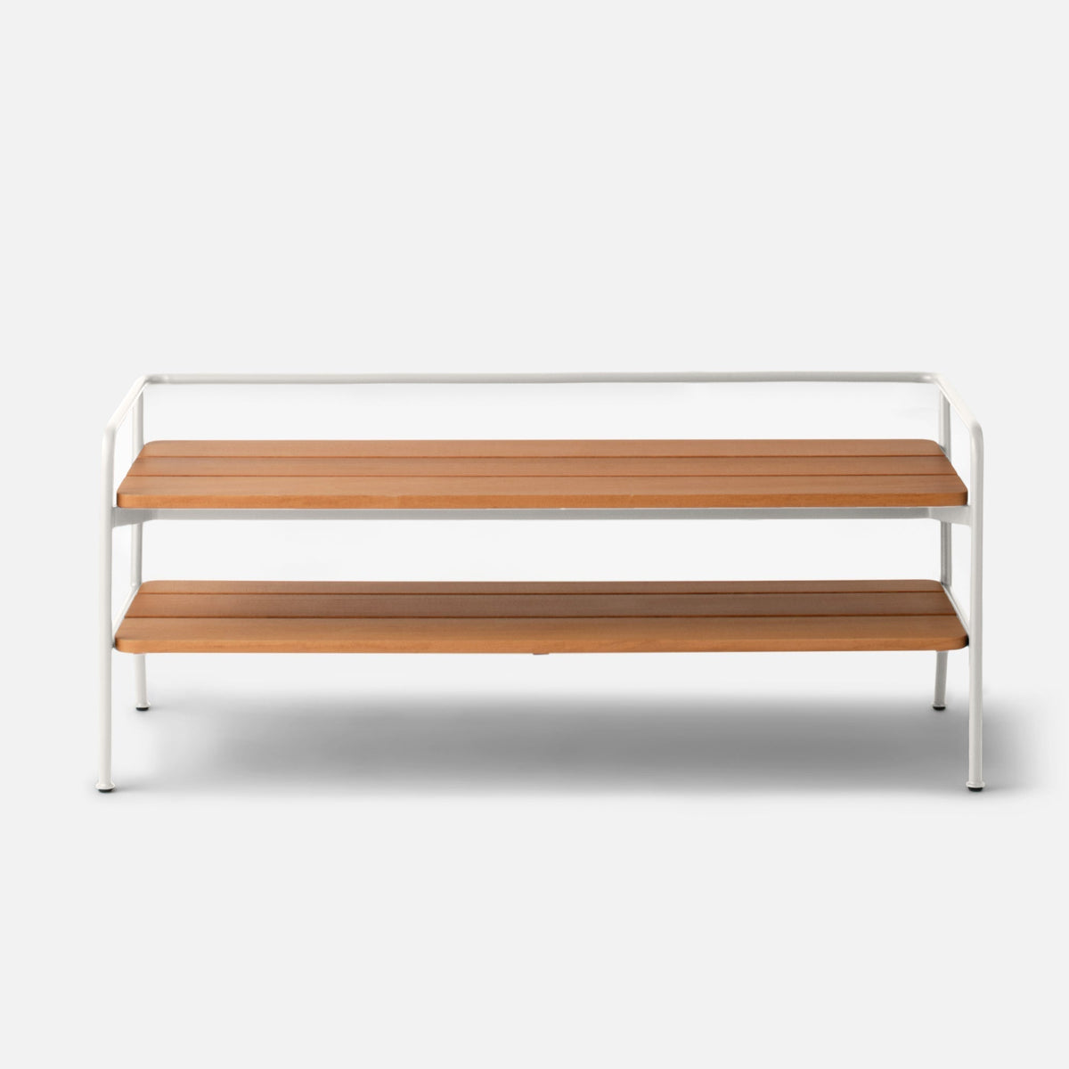 Front view of Ronda Entryway Bench showcasing Shell White Satin steel tubing, teak slats, and lower shelf