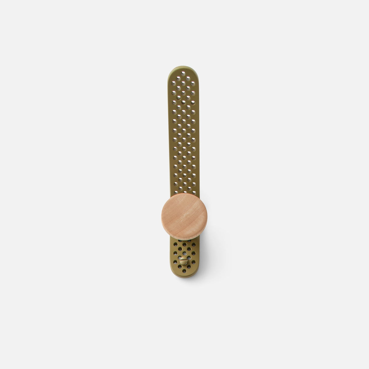 Front view of Tula Hook showcasing perforated olive satin metal and round natural wood finial on a white background