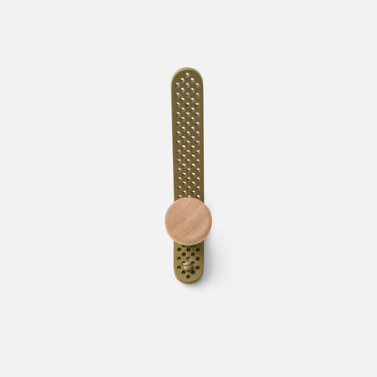 Front view of Tula Hook showcasing perforated olive satin metal and round natural wood finial on a white background