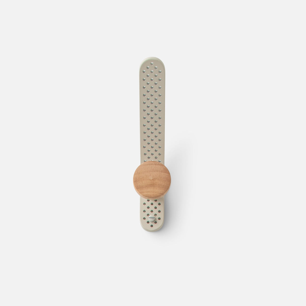 Front view of Tula Hook showcasing perforated Olive Satin metal and natural wood finial on a white background
