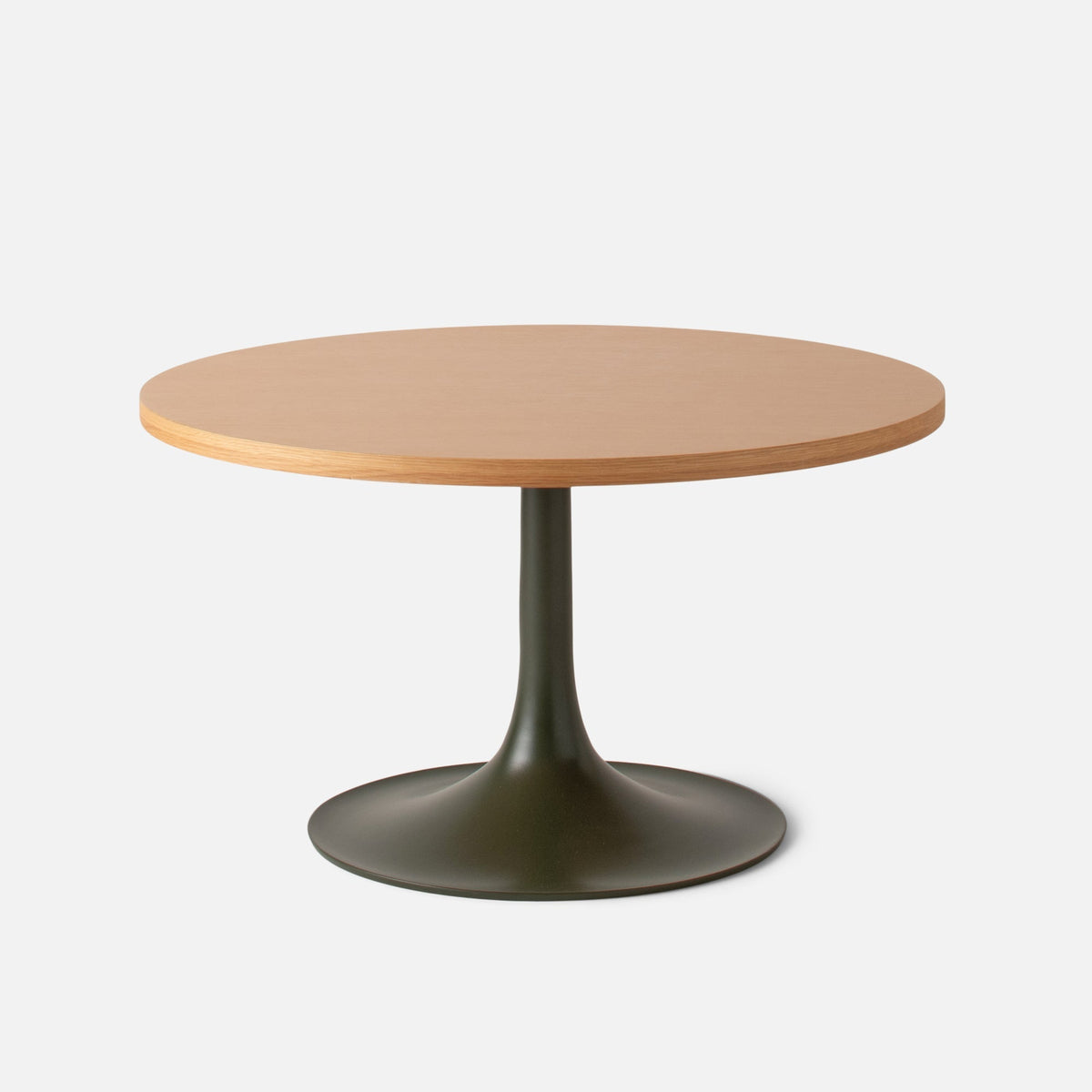 Front view of Andy Coffee Table showcasing a round Alder Satin and Oak tabletop with dark cast aluminum base on a light background