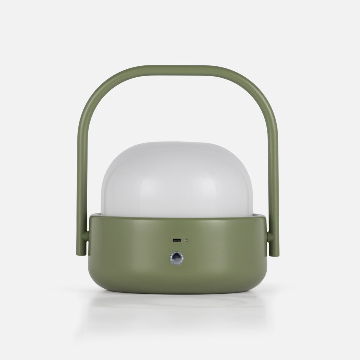Front view of Cooper Table Lamp showcasing its olive green finish, rounded handle, and frosted shade against a white background