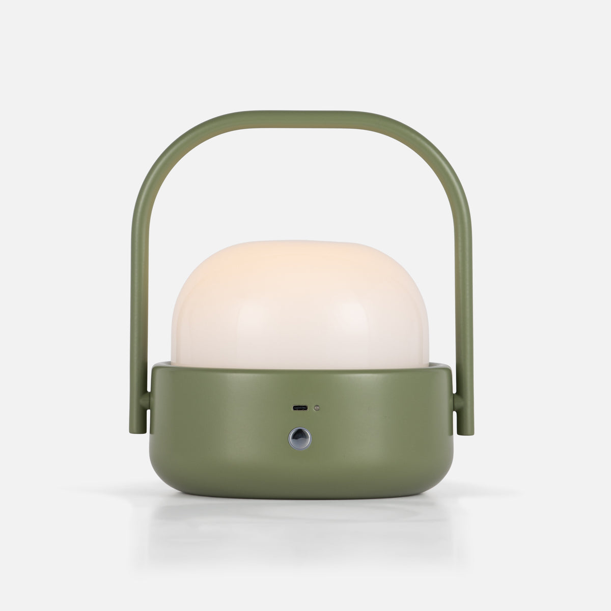 Front view of Cooper table lamp showcasing its olive green body, white dome shade, and arched handle on a white background