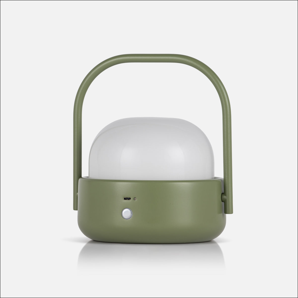 Front view of Cooper Table Lamp showcasing its olive green body, white diffuser, arched handle, and controls