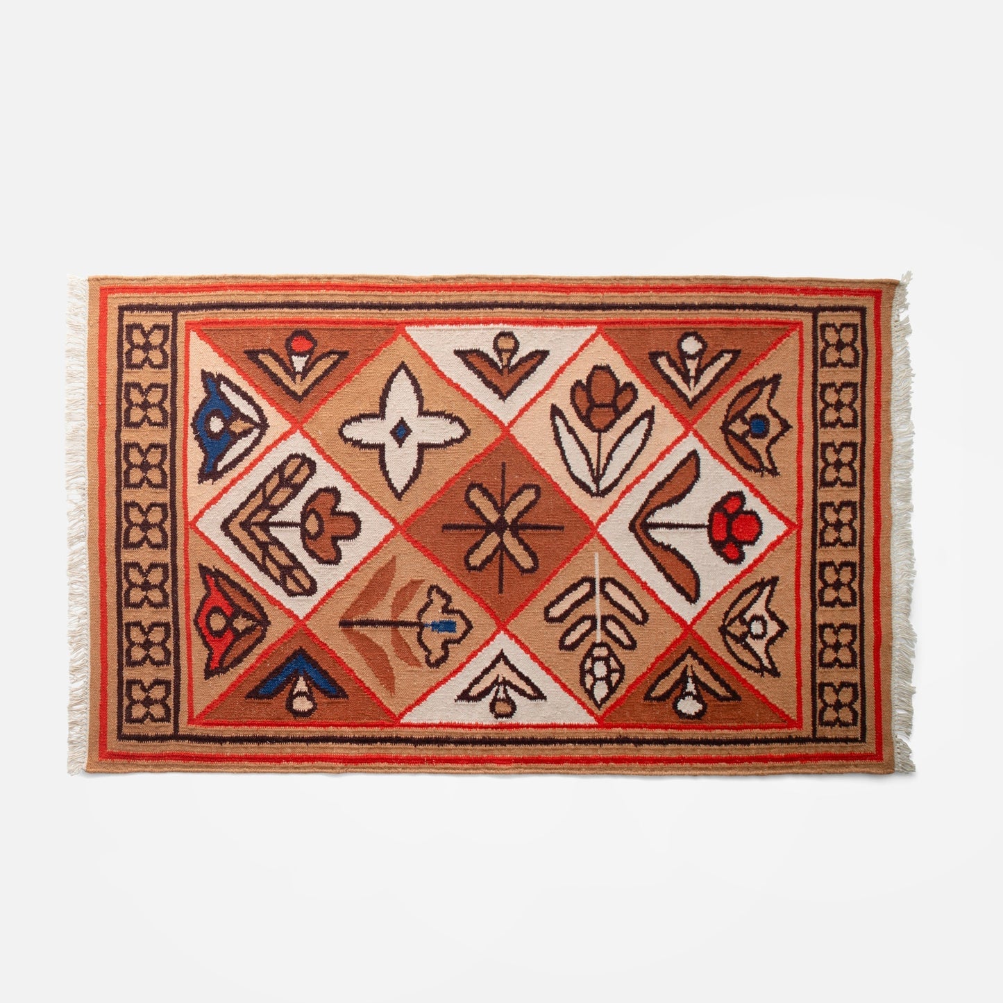 Top-down view of Linnea Wool Flatweave Rug in pink showcasing hand-drawn floral motifs, flatweave wool texture, and fringed edges on a white background
