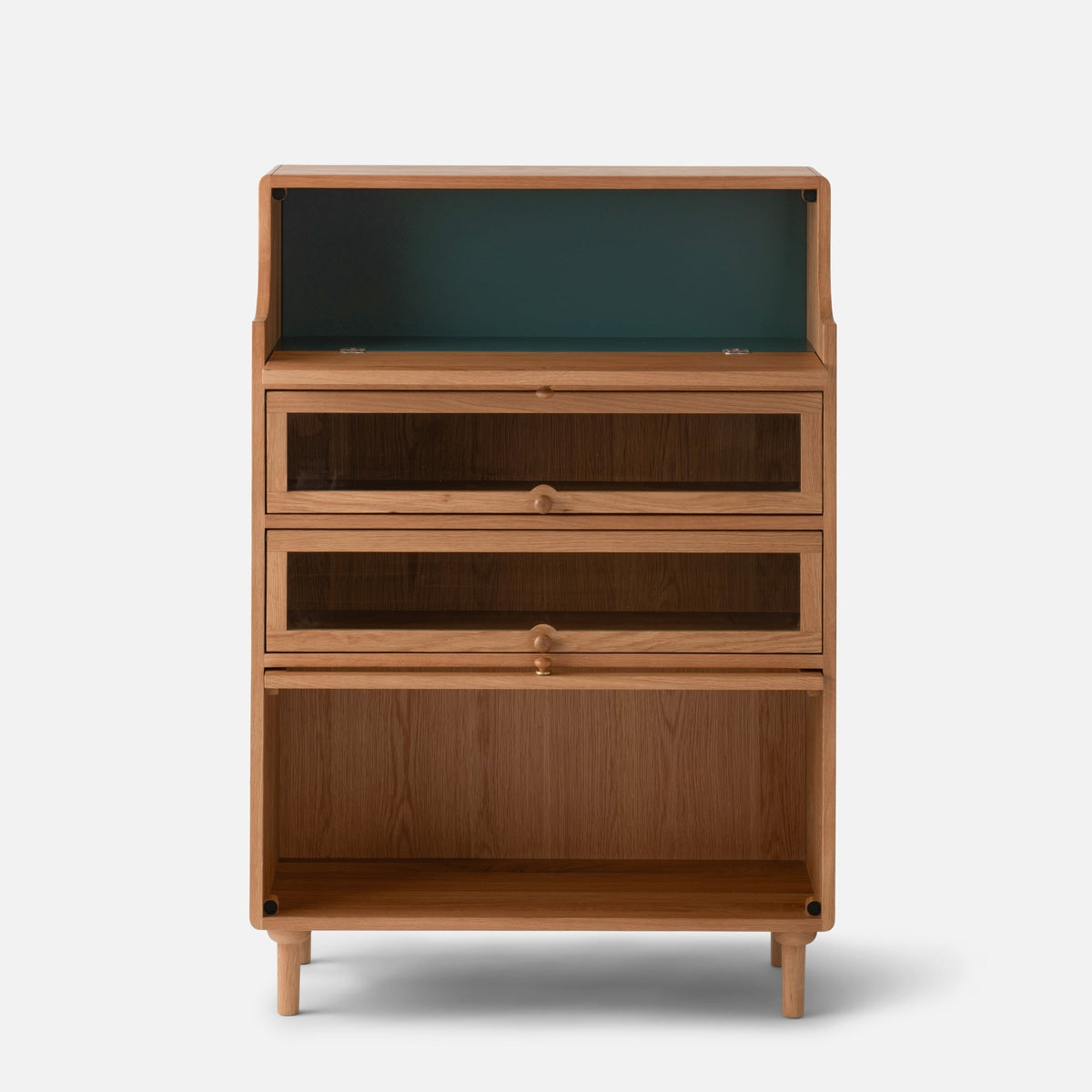 Front view of Peggy Cabinet showcasing open shelving and multiple drawers with a white background